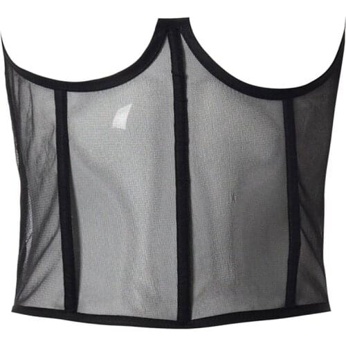 Womens Bone Lace Up Sleeveless Tank Tops Curve Shaper Patchwork Black Sexy Mesh See-Through Corsets for Summer 066F