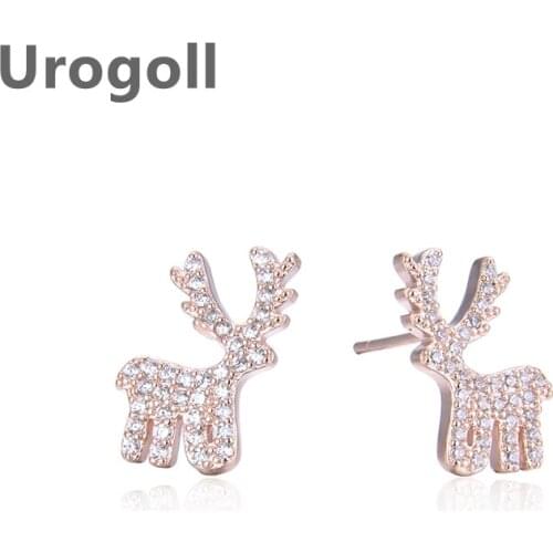 Fashion Women Pure 925 Sterling Silver Jewelry Rose Gold Sika Deer Shape Stud Earrings Zircon Earrings Silver Earrings