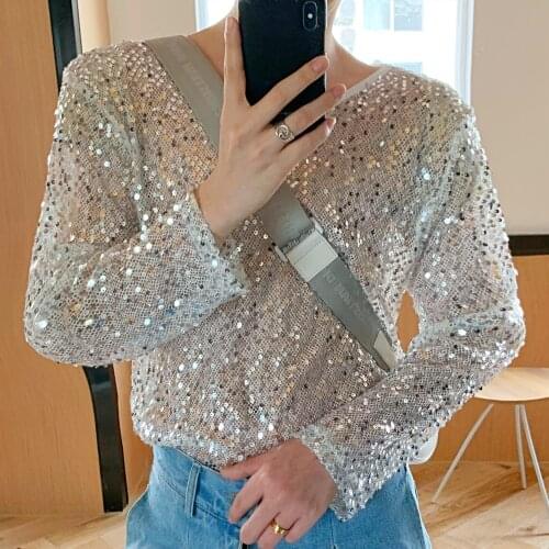 Men Long Sleeve Sequin Shining Loose Casual T-shirt Streetwear Hip Hop Punk Gothic Tees Shirts Stage Clothing Sunscreen T-shirt