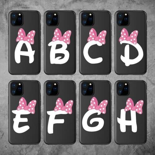 Custom Pink Bowknot Cartoon Girls Initial Alphabet Soft TPU Phone Case Cover For iPhone XS X XR 11 12Pro Max 8 8Plus X 7 7Plus