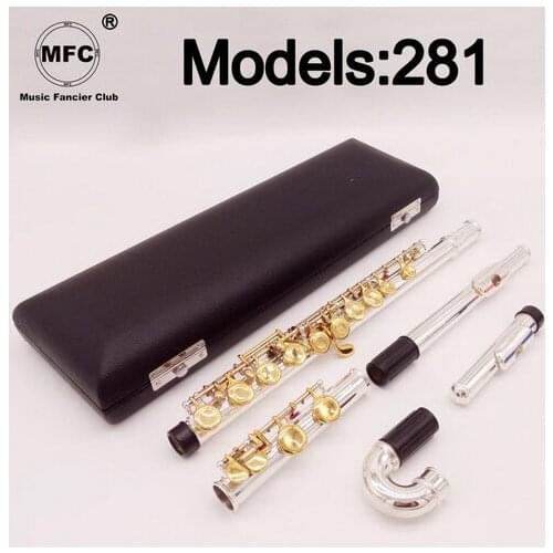 New MFC Professional Flute 281 Silver Plated Flute Gold Key Intermediate Student Curved Headjoint Flutes C Leg 16 Hole Close