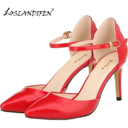 New Women Pumps Pointed Toe Patent Leather High Heels Sexy Ankle Strap Sandals Ladies Party Shoes Femininos 952-7PA