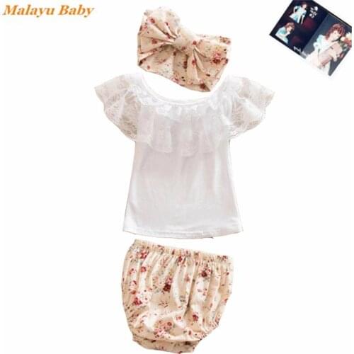 Baby Girls Clothes Suits 3PCS Summer Lace Ruffle Sleeveless T-Shirt and Floral Short with Headkerchief Girl Casual Outfits