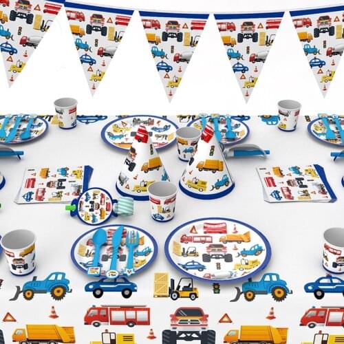 Disposable Tableware Cartoon Blue Engineering Vehicle Napkins Tablecloth Wedding Baby Shower Supplies Birthday Party Decorations