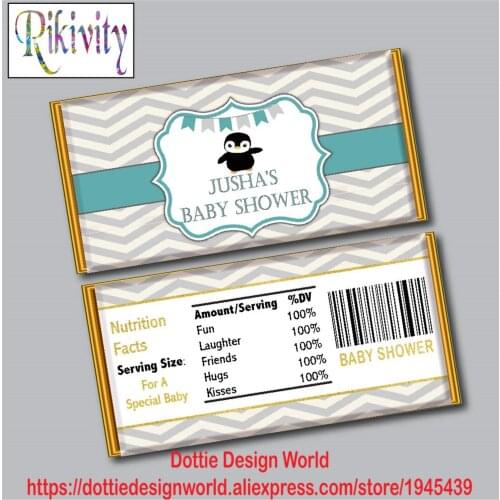 Custom Penguin Baby Shower Birthday Favors Candy Bar Hershey Chocolate Wrapper Stickers Water Bottles Wine Labels Decoration