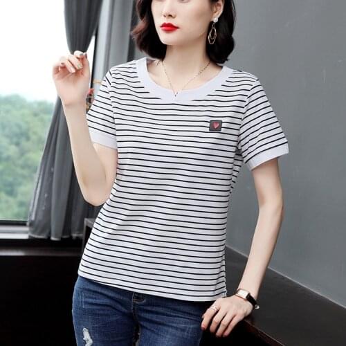 Casual T Shirt Femme 2021 Summer Female T Shirt Stripe Women Cotton Slim T-Shirt Woman New Camiseta Feminina Poleras Mujer 13400