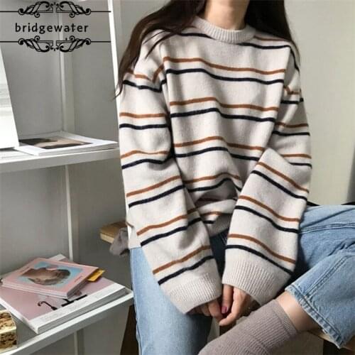 DUEWEER Knitted Pullovers Women Long Sleeve O-Neck Striped Retro Loose Simple Leisure Korean Style Trendy All-match