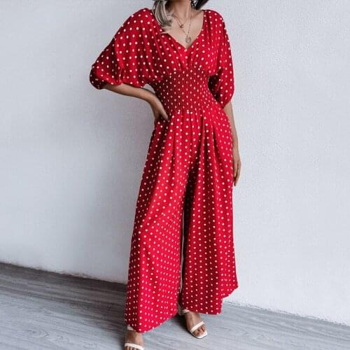 Sexy V-neck bat sleeves waist slim Vintage dot print jumpsuit for womens fashion elegant wide leg jumpsuit women bodysuit Summer