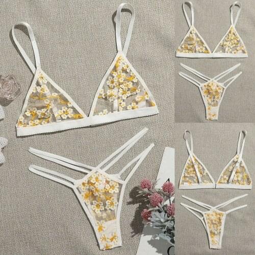 Lingerie Sexy Yellow Flowers Bra Set Bra New Sexy Fashion G-string Thong Sleepwear Underwear Lingerie Flower Lace Stanik #l