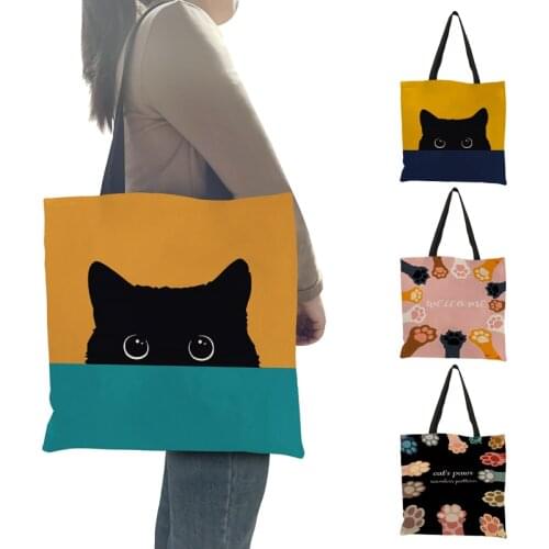 Casual Tote Bag Cute Pet Black Cat Paw Print Women Shoulder Bag Handbag Ladies Eco Reusable Shopper Bags for Grocery Shopping