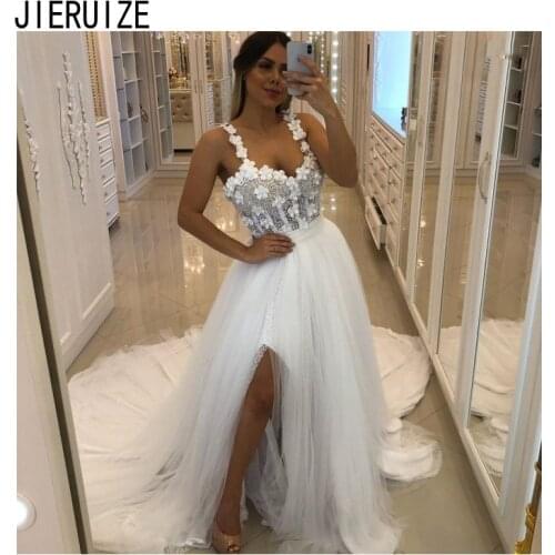 JIERUIZE Wedding Dresses Spaghetti Straps Zipper Back Flowers Pearls Side Split Wedding Gowns Bride Dresses Vestidos De Noiva