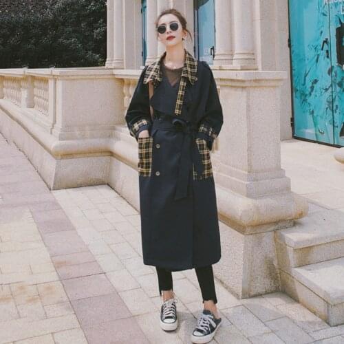 Womens Windbreaker Long Spring Autumn Clothes Navy Korean Big Size Loose Plaid Stitching Contrast Trench Coat New Cloak Female