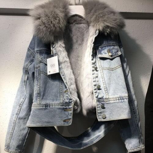 Korean style detachable liner rabbit fur denim jacket women short style 2020 new super large fur collar slim short jacket trend