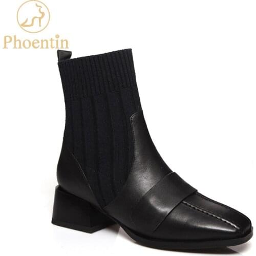 Phoentin mid heeled chelsea boots women 2020 new arrival sock booties ankle knitting stretch slip on ladies shoes black FT828