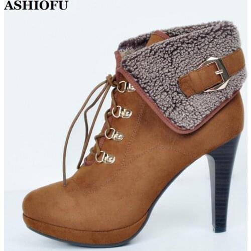 ASHIOFU Handmade Vintage Womens High Heel Boots Turn-over Lace-up Winter Ankle Boots Large Size Fashion Warm Short Boots XD162