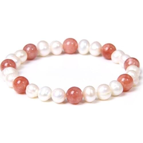 Natural Freshwater Real White Pearls Bracelet Red Sunstone Round Beads Bangles For Women Girls Lovers Girlfriends Jewelry Gifts