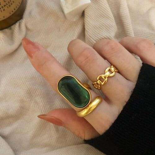 Aesthetic Wedding Crystal Rings for Women New Fashion Designer Green Stone France Vintage Party Bride Adjustable Jewelry Gift