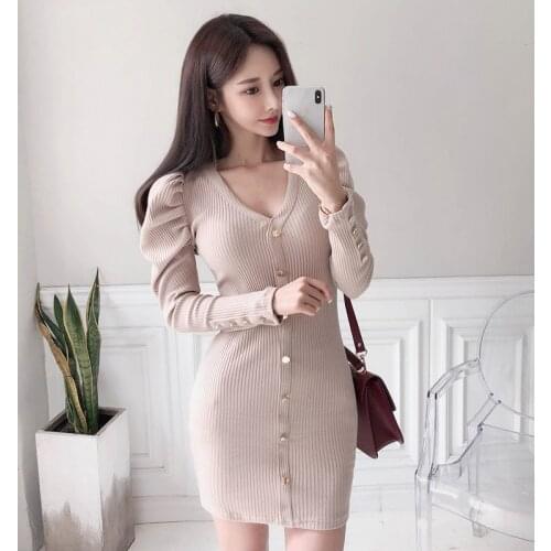 Winter Temperament Dress New Product Korean style temperament V-Neck puff sleeves Knit Buttocks Bottoming Dress