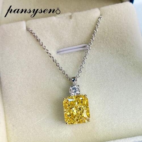 PANSYSEN Luxury 9*10MM Citrine Diamone Gemstone Necklace for Women Silver 925 Jewelry Pendant Necklaces Wholesale Drop Shopping