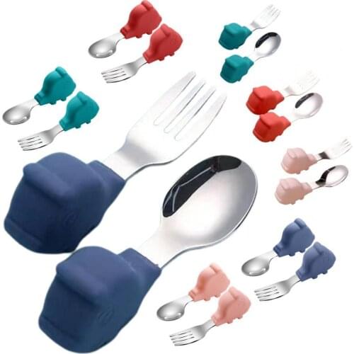 2Pcs/Set Baby Dinnerware Non-slip Handle Anti-scald Stainless Steel Training Spoon Fork Set Children Food Feeding Utensils