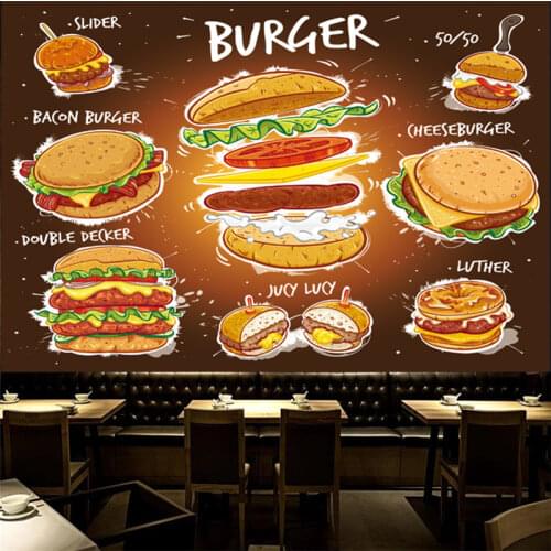 Custom Popular Burger Cheeseburger Bacon Burger Double Decker 3D Photo Mural Wallpapers Fast Food Restaurant Wall Paper 3D