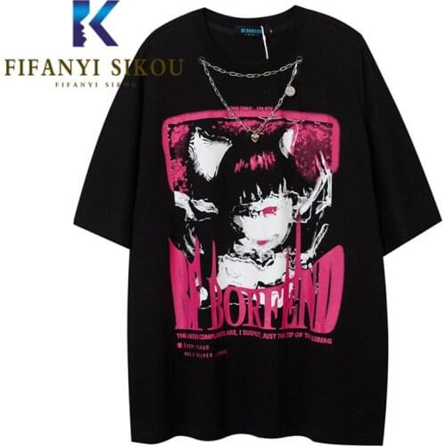 Hip hop Black T-Shirt Women Fashion Necklace Decoration Print Tees Streetwear Plus Size Loose Short Sleeve Tops Couples T Shirt