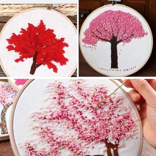 Sakura Flower DIY Embroidery Needlework Kits Handwork for Beginner Cross Stitch Sewing Painting with Embroidery Hoop Home Decor