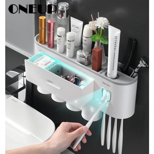 ONEUP New Magnetic Toothbrush Holder With 2/3/4Cup Toothpaste Dispenser Wall Toilet Makeup Storage Rack For Bathroom Accessories