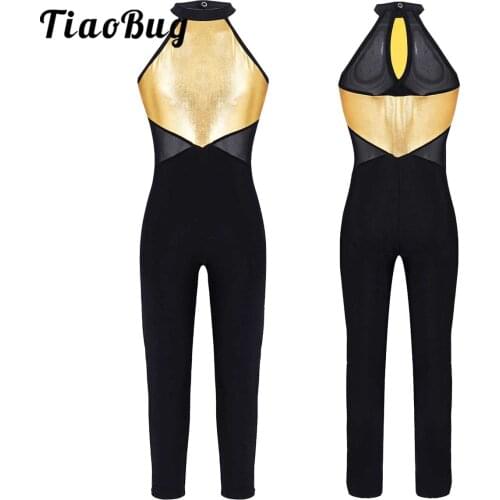 Kids Sleeveless Stretchy Gymnastics Ballet Leotard Girls Sparkle Dance Costume Halter Neck Sports Jumpsuit Unitard Dancewear