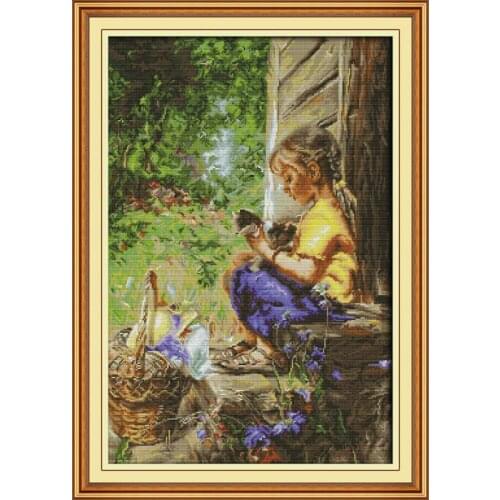 Girl And Kitten Home Decor Chinese Print Pattern On Canvas Cross Stitch Kits Embroidery Needlework Sets Counted Patterns Dmc14ct