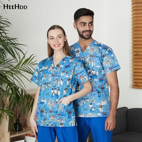 Breathable Scrubs top Summer scrub tops/set High quality Unisex Cartoon print beauty salon workwear lab dustproof workwear new