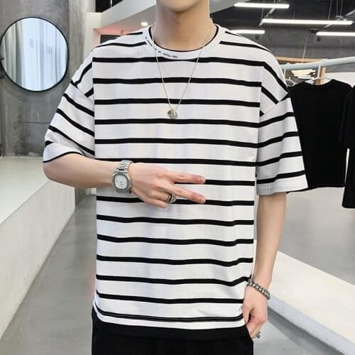 BROWON Brand Stripe T Shirt Men Clothing Summer New Half Sleeve O-Neck T-shirt Loose Casual Cotton Oversized T Shirt Men Clothes