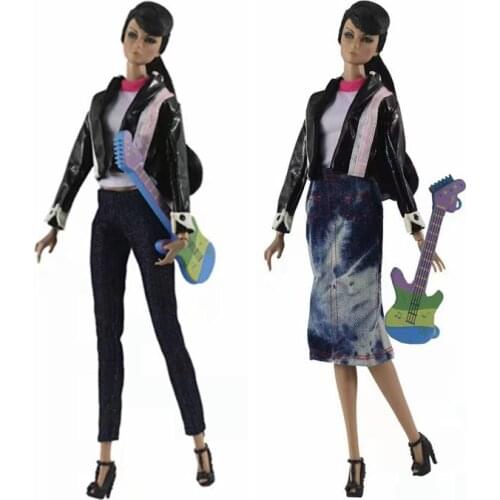 Leather Jacket Guitar 1/6 BJD Doll Clothes for Barbie Clothes Outfits Coat Shirt Top Jeans Skirt Pants 11.5" Dolls Accessories