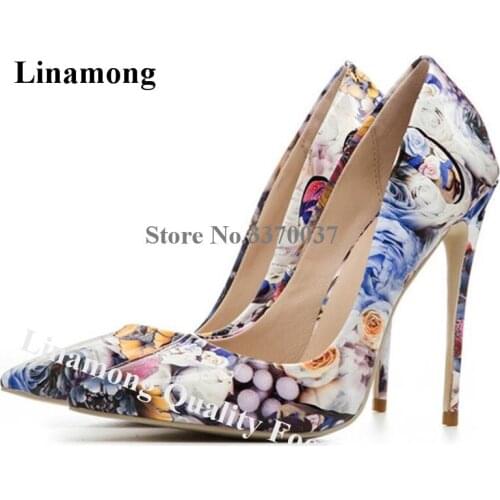 Linamong Newest Design Pointed Toe Colorful Flowers Printed Stiletto Heel Pumps Slip-on 8cm 10cm 12cm High Heels Dress Shoes