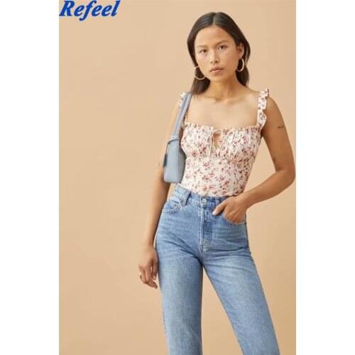 Vintage Small Floral Print Slim Girl Summer Elastic Beach Camisole Fashion Center Drawstring Women Tank Top Femme vestidos