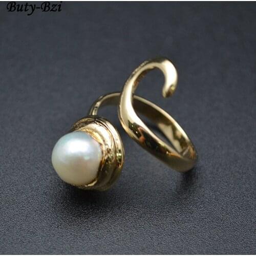 Fashion Woman Party Jewelry Gold Color Metal Natural White Pearl Double Sides Rings Size Adjustable Gift