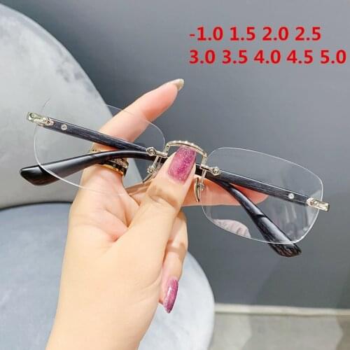 NYWOOH Rimless Finished Myopia Glasses Men Retro Imitation Wood Grain Eyeglasses for Women Prescription Short Sight Eyewear -5.0
