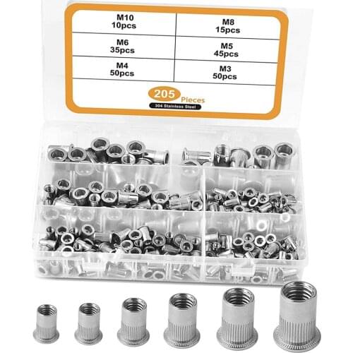Set of 205 Stainless Steel Rivet Nut Flat Head Threaded Easy to Install