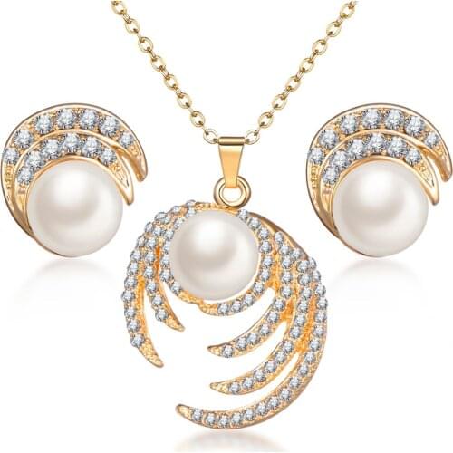 New Fashion Classic Imitation Pearl Silver Plated Clear Crystal Top Elegant Party Gift Fashion Costume Pearl Jewelry Sets