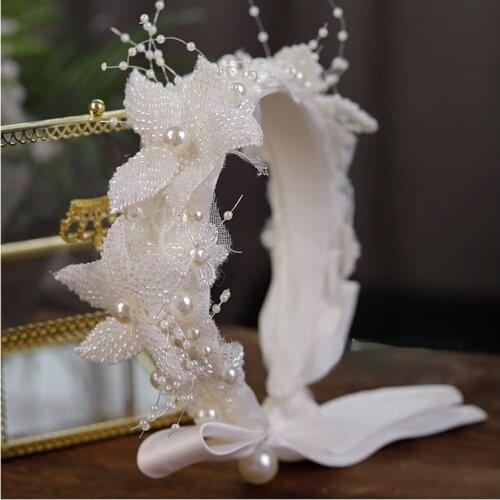 Original French bride headdress retro hairband heavy rice bead flowers online celebrity method knot wedding dress accessories