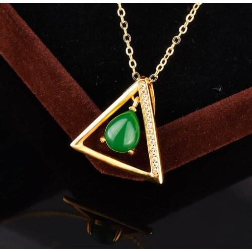 925 Silver Natural White Jade Chalcedony Triangle Pendant Necklace Jadeite Chalcedony Amulet Fashion Jewelry Gifts Women