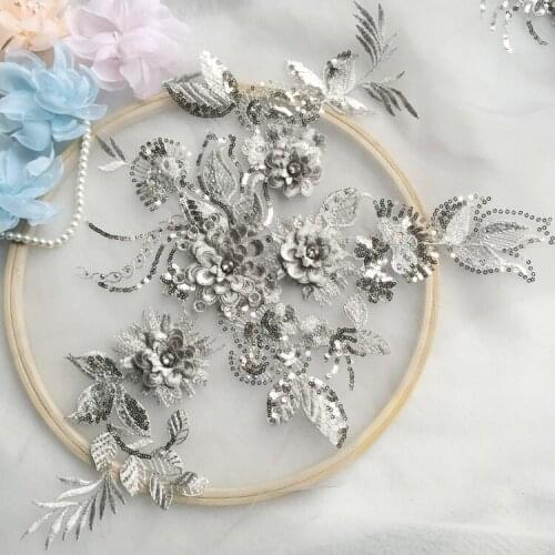 Grey Beaded Lace Embroidery Big Flower Patch Childrens Wedding Dress Costume DIY Decorative Flower Flower Stickers RS384