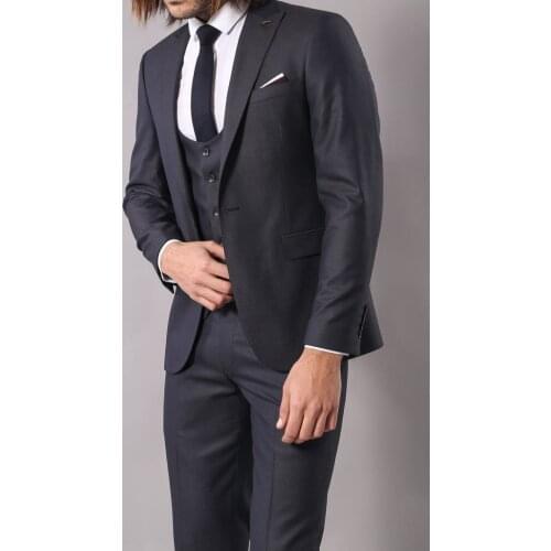 Dark Blue Patterned Vested Mens Suit