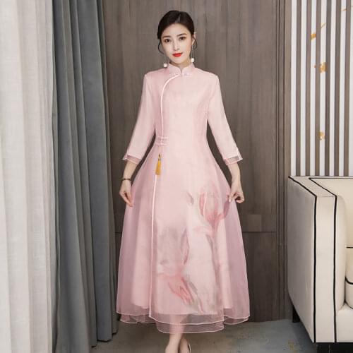 Traditional Chinese Cheongsam Flower Printed A-line Waist Dress Spring Summer Chiffo Chinese Dress Woman Evening Party Qipao