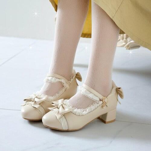 Womens Girls Lolita Round Toe Bowknot Lace Belt Buckle Oxfords Mary Janes Kawaii Cosplay Low Heel Shoes 4Colors