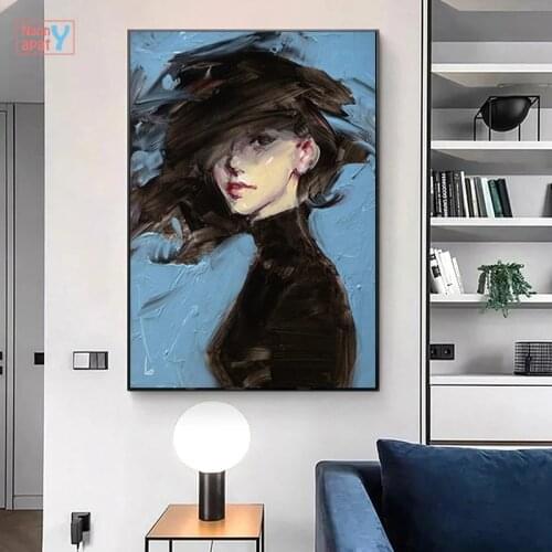 Vintage Figure Painting Sexy Woman On Blue Background Canvas Painting Abstract Prints Wall Art Oil Picture Retro Home Decoration