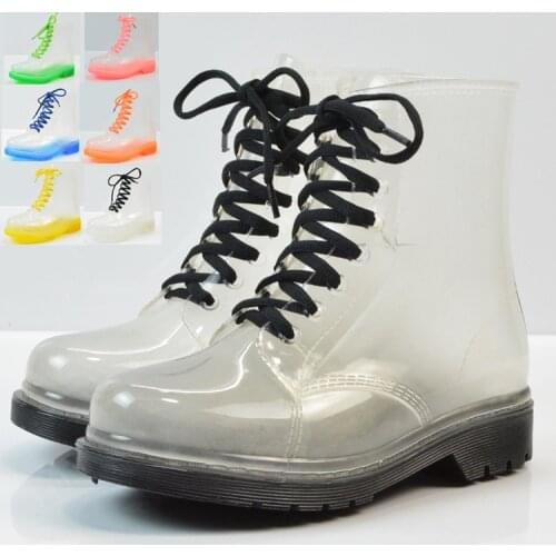 Women Rain Boots Mature Lady Lace Up Waterproof Lady Shoes Transparent Candy Color Ankle Outdoor Girls Shoes 352