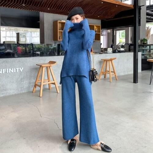 Sweater Set Women Tracksuit Autumn Winter Knitted Suits 2 Piece Set Warm Turtleneck Sweater Pullovers Wide Legs Pants Y414