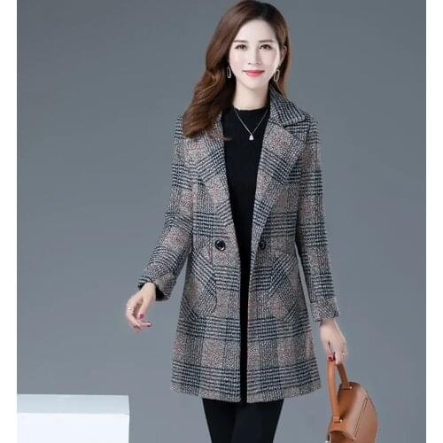 New Womens Wool Blends Coat 2021 Winter Autumn Fashion Elegant Turtleneck Plaid Slim Long Tweed Woolen Outerwear Female Size5XL
