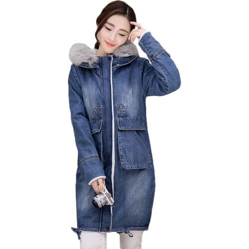 Winter Women Denim Jacket New Korean Loose Hooded Long Outerwear Thicken Warm Lamb Vintage Denim Coat Plus Size Women Clothing